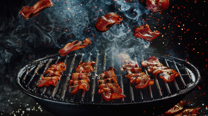 grilled bacon floating over grill, food photography