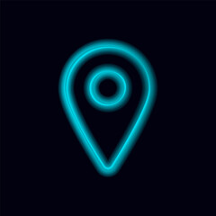 Bright blue neon pin icon with circular center symbolizes digital navigation and precise location.