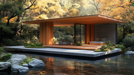 Tranquil wooden pavilion nestled in autumnal forest