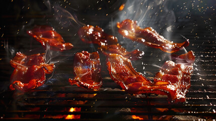grilled bacon floating over grill, food photography