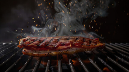 grilled bacon floating over grill, food photography