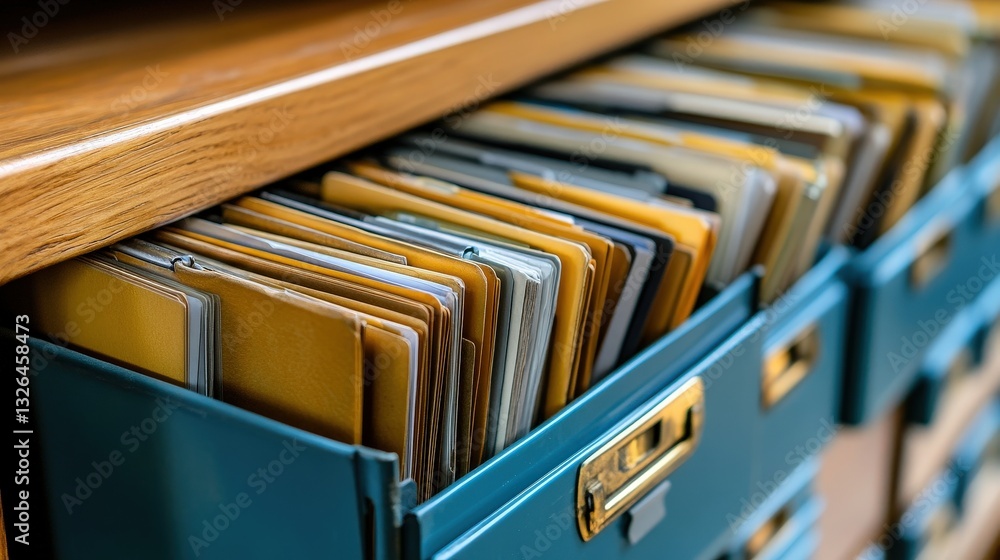 Poster a close-up of organized file folders in a teal drawer, showcasing a neat arrangement of documents fo
