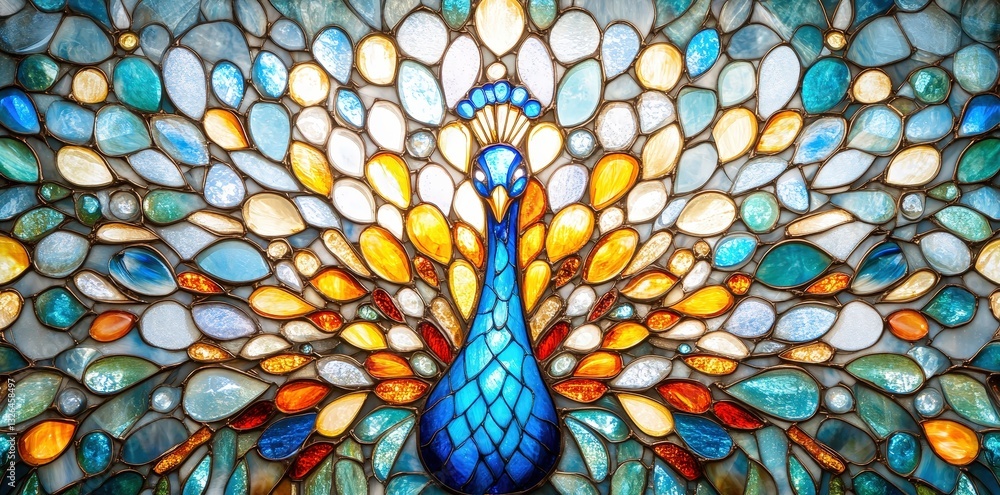 Aufkleber a vibrant stained glass depiction of a peacock, showcasing intricate patterns and a dazzling array o