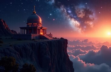 Obraz premium Stunning temple on a cliff overlooking clouds and a vibrant galactic sky