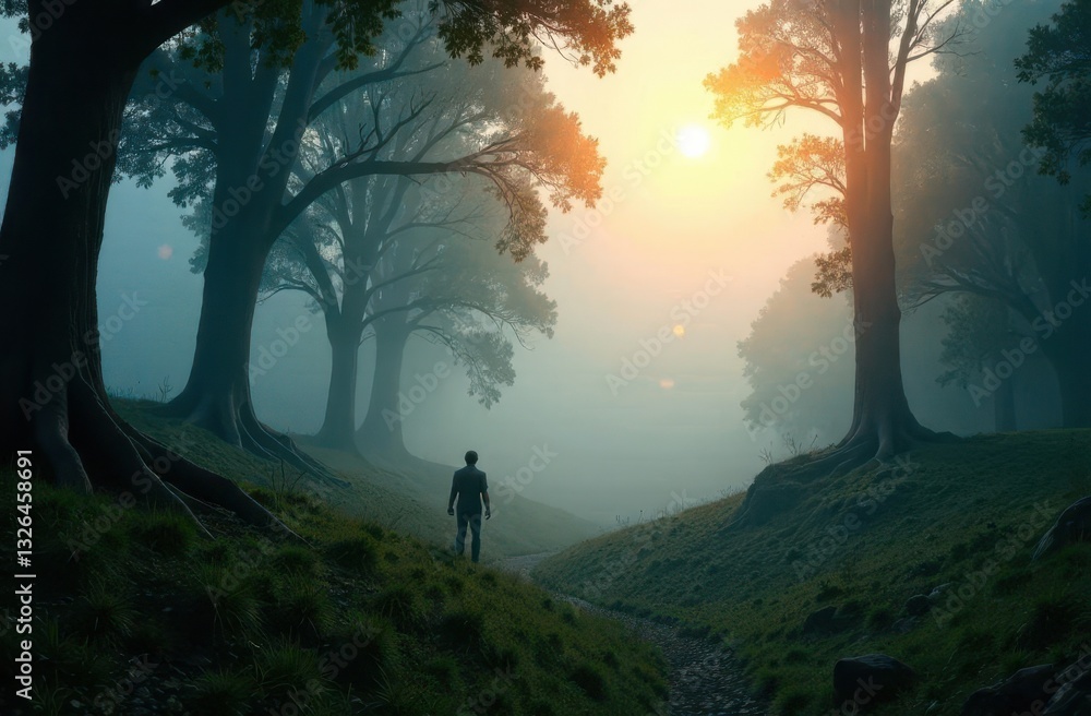 Poster exploring a misty forest at dawn with vibrant sunlight through the trees