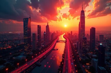 Fototapeta premium Stunning sunset over futuristic city skyline with vibrant colors