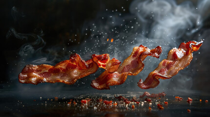 grilled bacon floating over grill, food photography