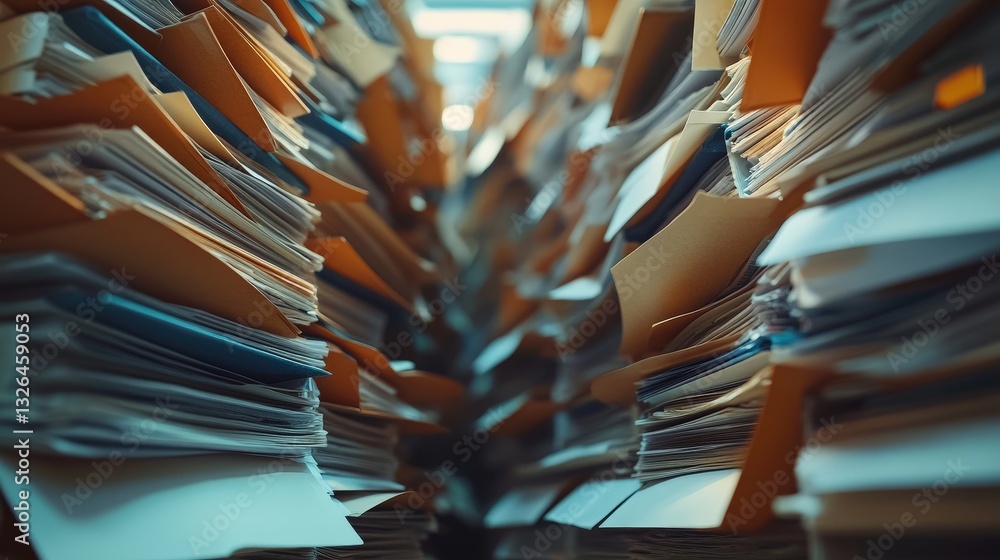 Aufkleber a narrow corridor lined with stacks of folders and documents, creating a chaotic yet organized works