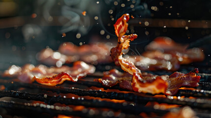 grilled bacon floating over grill, food photography