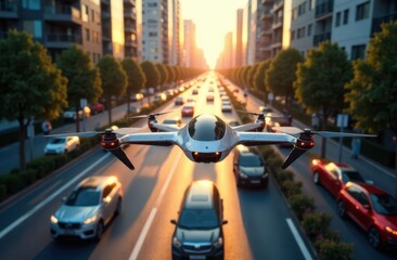 Innovative drone flying over a bustling city street at sunset