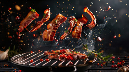 grilled bacon floating over grill, food photography