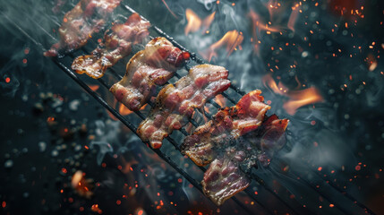 grilled bacon floating over grill, food photography