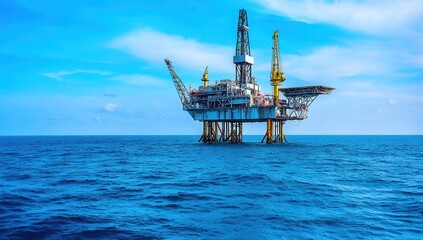 Abandoned oil rig in the ocean, symbolizing environmental impact and offshore drilling, with clear blue skies and calm waters.