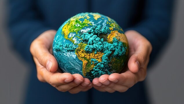 Hands holding a globe covered in oil and smog, symbolizing environmental issues and pollution, highlighting the impact of human activity on the planet.