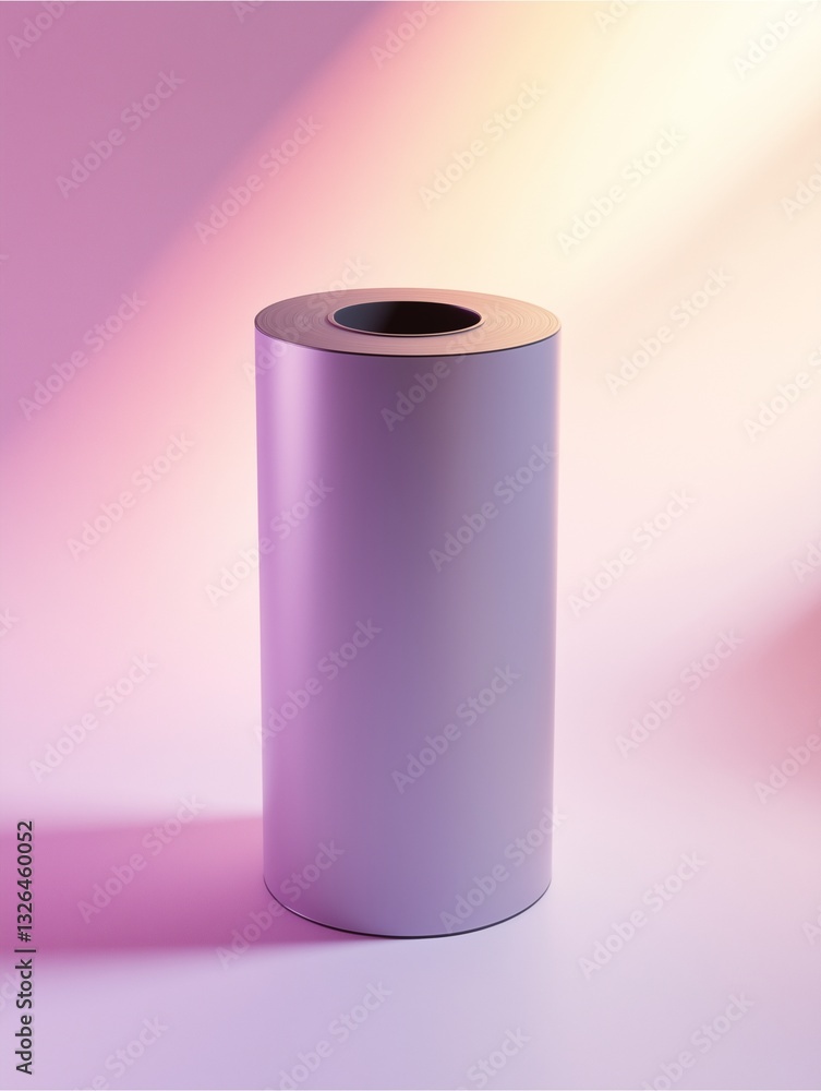 Poster minimalist cylindrical design: a sleek, cylindrical object stands centered against a backdrop of sof