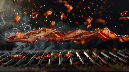 grilled bacon floating over grill, food photography
