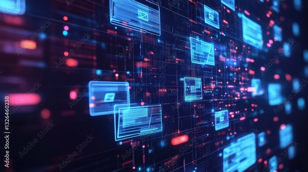 Poster a vibrant digital network of glowing blue and red data streams, representing advanced technology and
