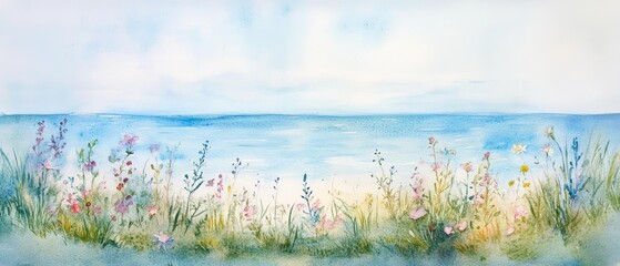 A serene ocean view watercolor with flowering meadows and wildflowers 