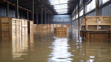 Flooded Warehouse: Wooden Crates Afloat 