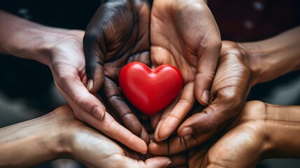 Obraz premium A group of people holding hands and a red heart
