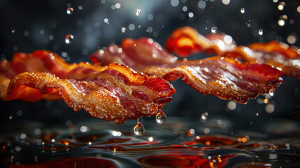 grilled bacon floating over grill, food photography