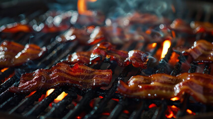 grilled bacon floating over grill, food photography
