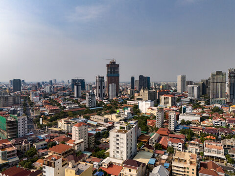 Aerial view of modern skyline with high-rise buildings in Toul Kork District, Phnom Penh, Cambodia.