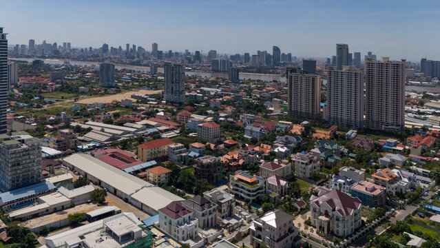 Aerial view of modern skyline with high rise buildings and urban landscape, Chroy Changvar Section, Phnom Penh, Cambodia.