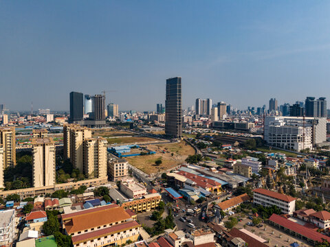 Aerial view of beautiful skyscrapers and modern buildings in a bustling urban landscape, Toul Kork District, Phnom Penh, Cambodia.