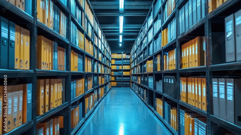 Poster a modern archive filled with organized file boxes on shelves, creating a spacious and systematic sto