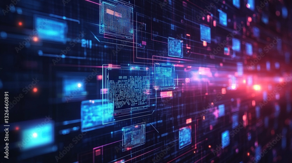 Poster a digital network of glowing code blocks and data streams, showcasing the vibrant essence of technol