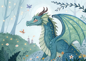 Obraz premium A fantasy dragon with fairy-tale details, made in an exquisite artistic style.