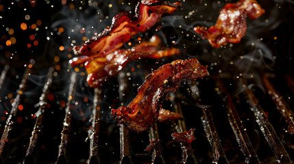 grilled bacon floating over grill, food photography