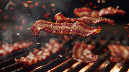 grilled bacon floating over grill, food photography