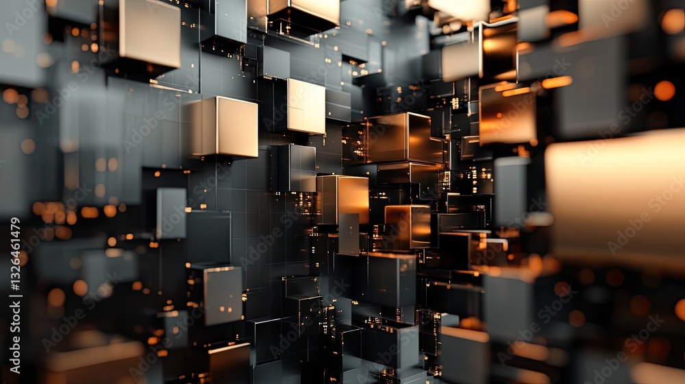 Poster abstract 3d rendering of interlocking metallic cubes in dark and gold tones