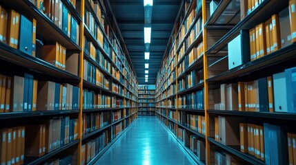 Fototapeta premium A well-organized archive room filled with shelves of boxes and files, illuminated by bright overhead lights, creating an orderly atmosphere.