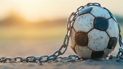 A soccer ball breaking through chains, representing freedom and unity