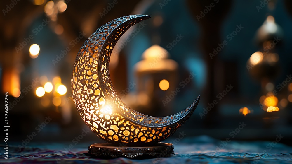 Poster glowing crescent moon lamp with intricate patterns