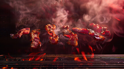 grilled bacon floating over grill, food photography