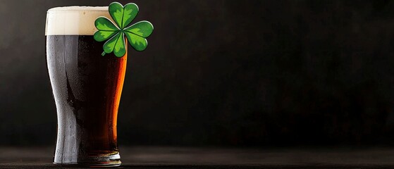Stout in Glass with Shamrock for St Patricks Day Celebration Dark Background Festive Holiday Tradition Rich Brew