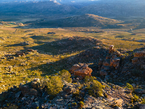 Aerial view of cederberg cedar tree valley with rugged mountain and scenic rock formations, Cederberg, Western Cape, South Africa.