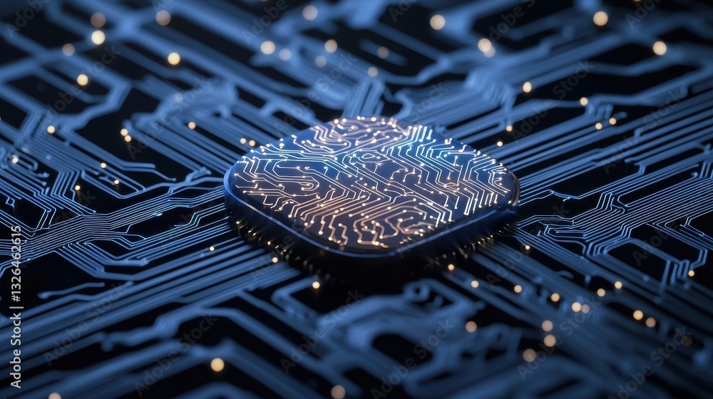 Aufkleber close-up of a microchip on a circuit board with glowing connections