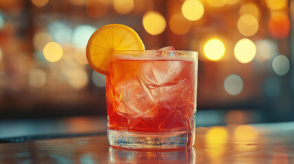Chilled Cocktail on Bar Counter, Icy Glass with Condensation and Mysterious Warm Lights, Capturing Cozy Nightlife Atmosphere