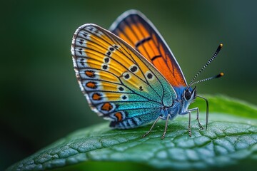 Obraz premium Vibrant butterfly resting on a green leaf during a sunny spring day in a garden, showcasing intricate patterns and colors in nature