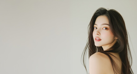 Fototapeta premium 振り返りながら微笑むロングヘアの女性.