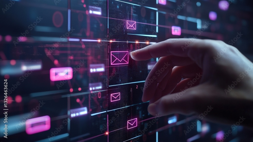 Poster a hand interacts with a digital interface displaying email icons and notifications in a vibrant, hig