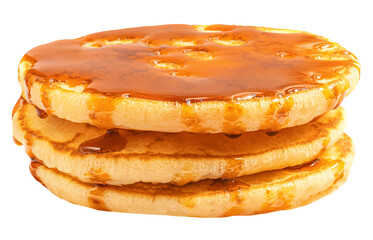Stack of Fluffy pancakes isolated on white. Pancakes poured with honey caramel syrup.  Package design element.
