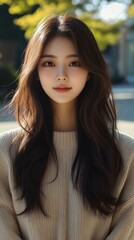 Obraz premium Beautiful young woman with long dark hair wearing a cozy sweater, standing outdoors in soft sunlight near colorful trees in an urban environment during autumn