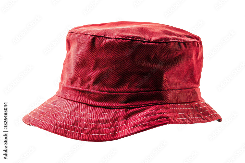 Poster a red bucket hat isolated on a white background showcasing its simple design and vibrant color perfe