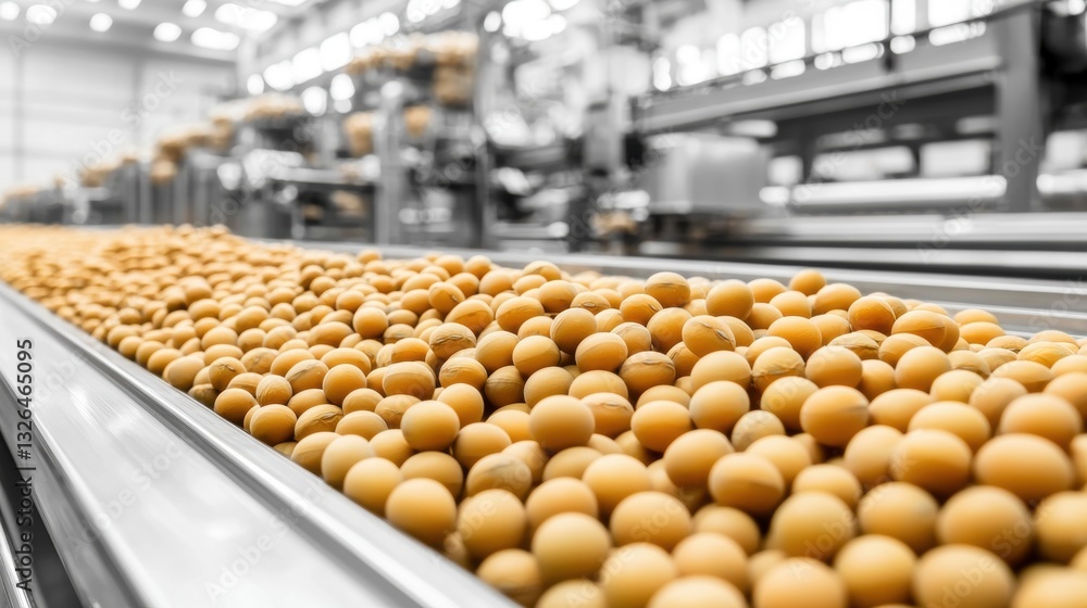 Poster soybeans being sorted and processed on production line in modern processing facility
